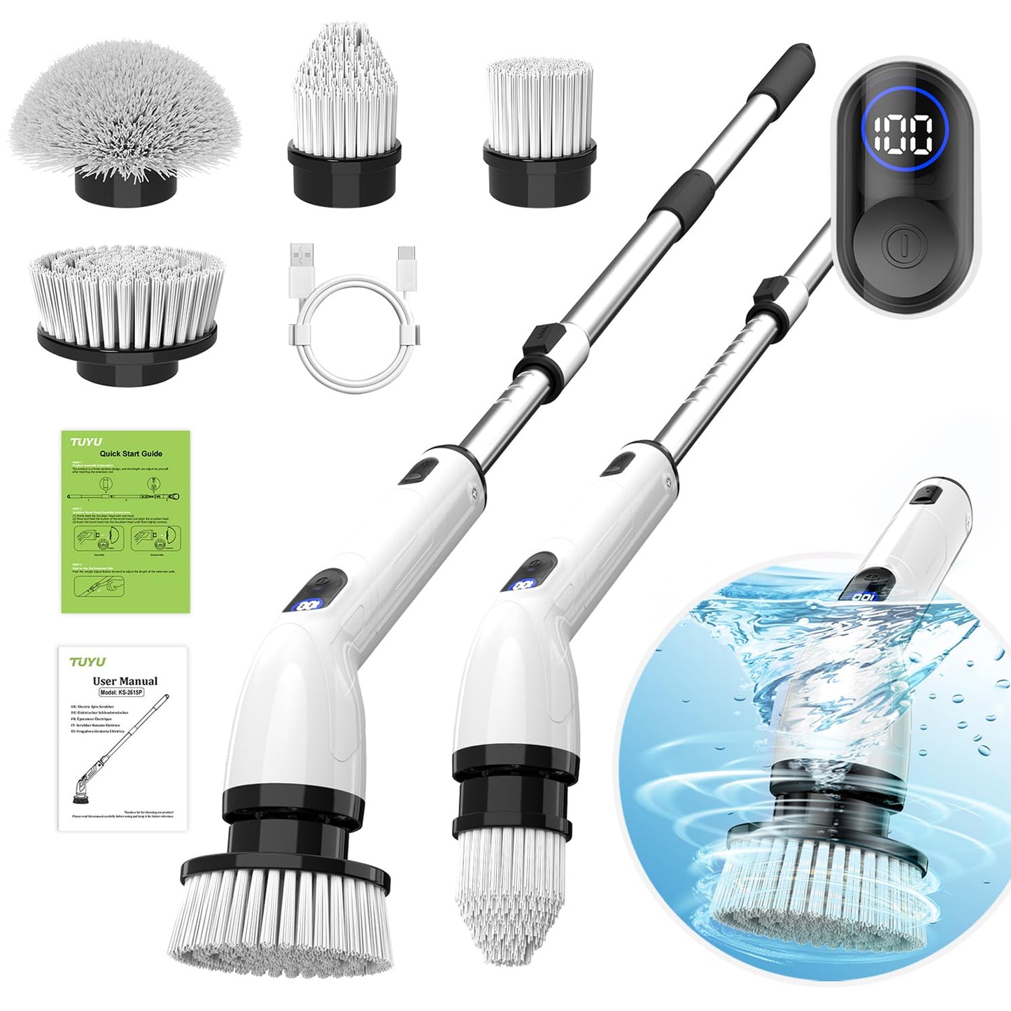 TUYU Electric Spin Scrubber – Waterproof, Cordless, LCD Display