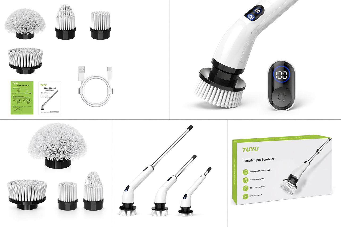 TUYU Electric Spin Scrubber – Waterproof, Cordless, LCD Display